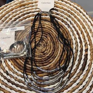 3/$18 Calvin Klein Layered Silver/Black Necklace and Bracelet Set Lot 1022